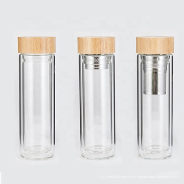 Benutzerdefinierte Glasflasche Wasser Kristallklare 350ML Glasteeflasche mit Bambusdeckel